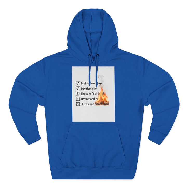 Royal blue hoodie by S&amp;W Gallus featuring a white graphic checklist over a fiery background.