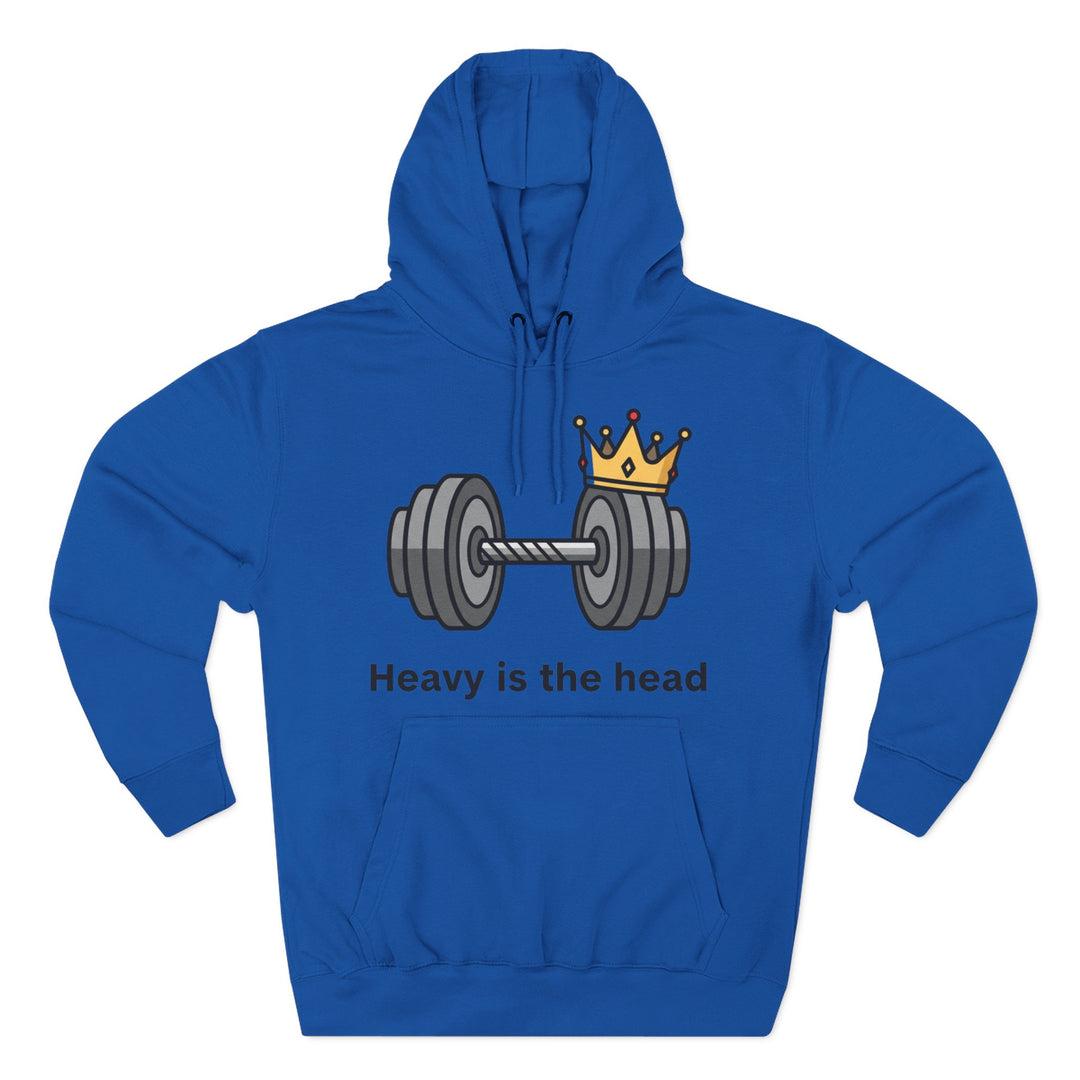 Blue hoodie by S&amp;W Gallus featuring a dumbbell with a crown and the phrase “Heavy is the head”.
