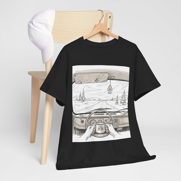 Scenic Drive Van Illustration Tee – soft cotton with a detailed van and landscape design. Perfect for road trips, outdoor adventures, and casual wear.
