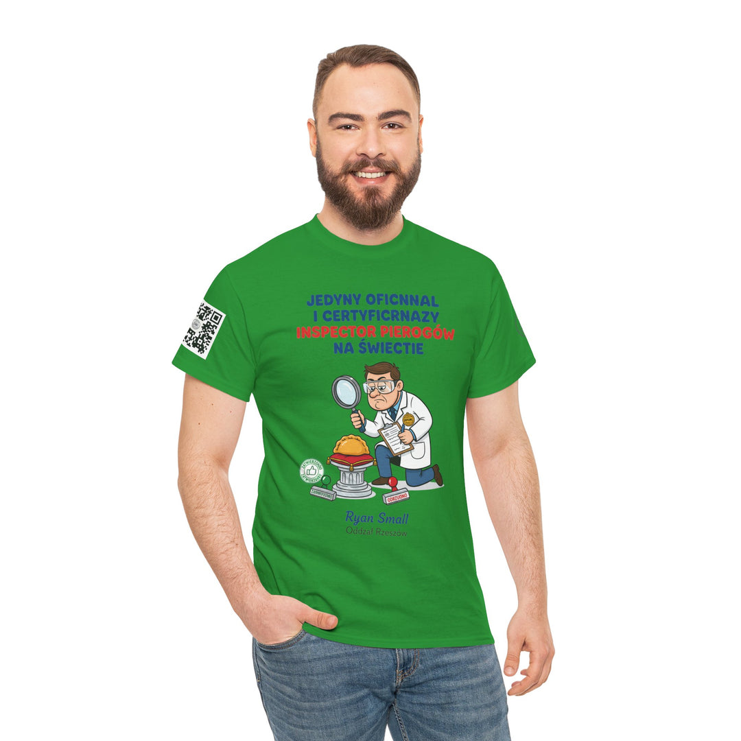 Green Inspector Pierogów T-shirt by S&amp;W Gallus, featuring a cartoon inspector graphic and Polish text, worn with blue jeans.