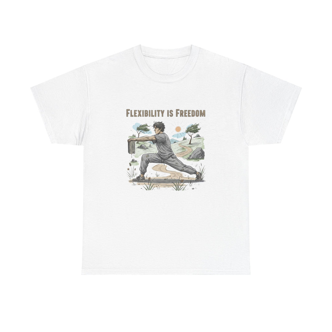 Flexibility Is Freedom Tee – soft, breathable cotton featuring a motivational design. Perfect for yoga, Pilates, stretching, or casual active lifestyle wear.