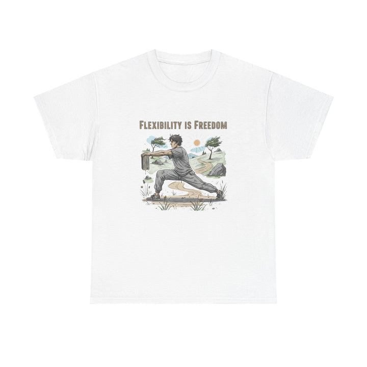 Flexibility Is Freedom Tee – soft, breathable cotton featuring a motivational design. Perfect for yoga, Pilates, stretching, or casual active lifestyle wear.