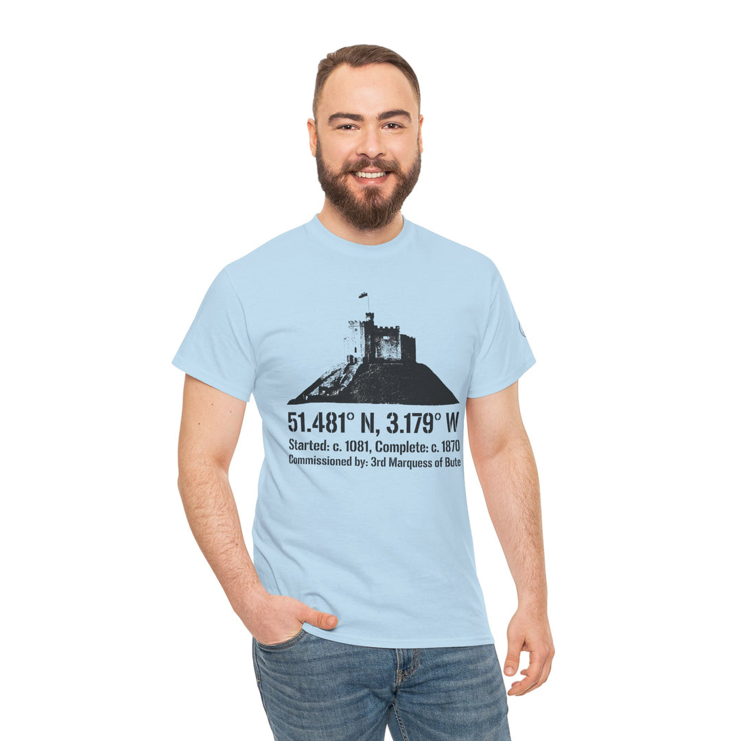 Light blue Cardiff Castle T-shirt by S&amp;W Gallus, featuring castle graphic and geographic coordinates, styled with jeans.