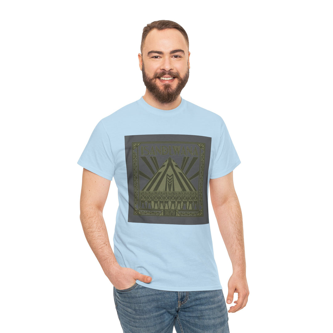 Isandlwana Festival Tee featuring bold “M” pyramid graphic. Outdoor music shirt inspired by iconic landscape vibes.