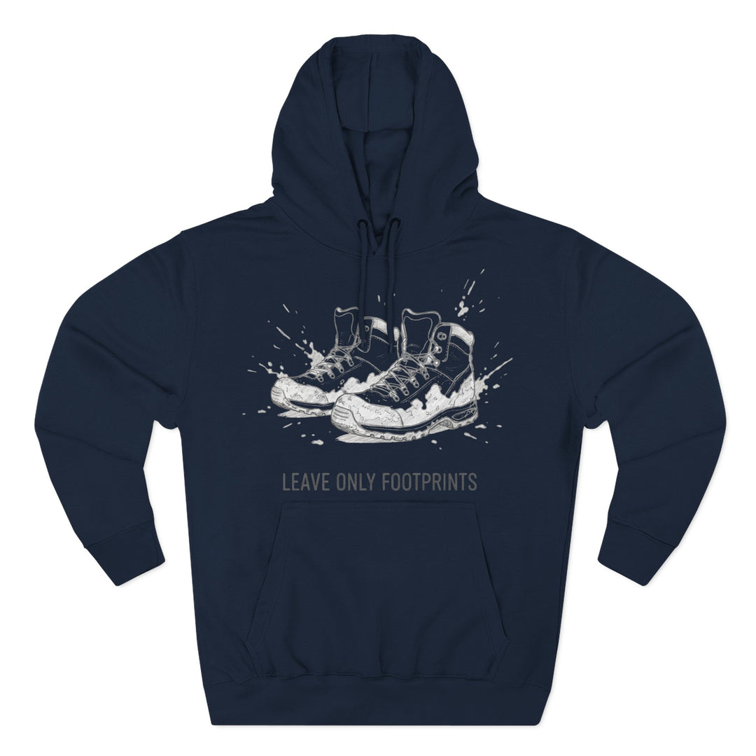 Navy hoodie by S&amp;W Gallus featuring a footwear graphic and the phrase, "Leave only footprints."
