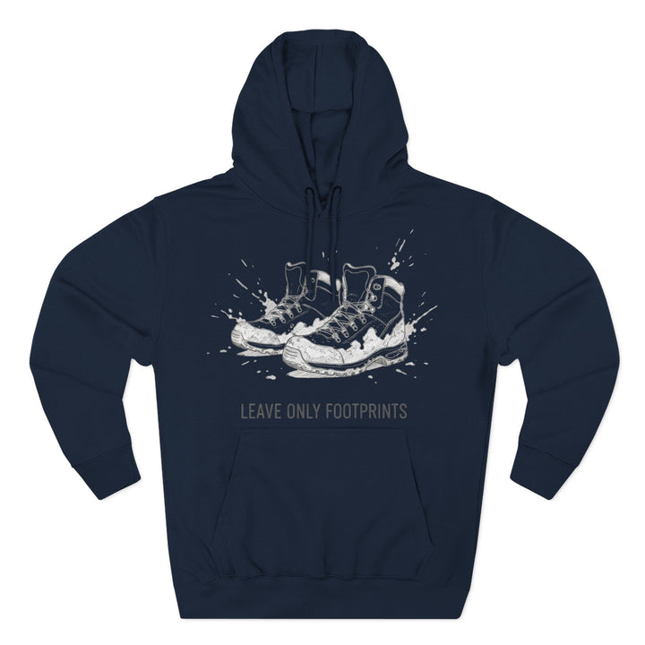 Navy hoodie by S&amp;W Gallus featuring a footwear graphic and the phrase, "Leave only footprints."