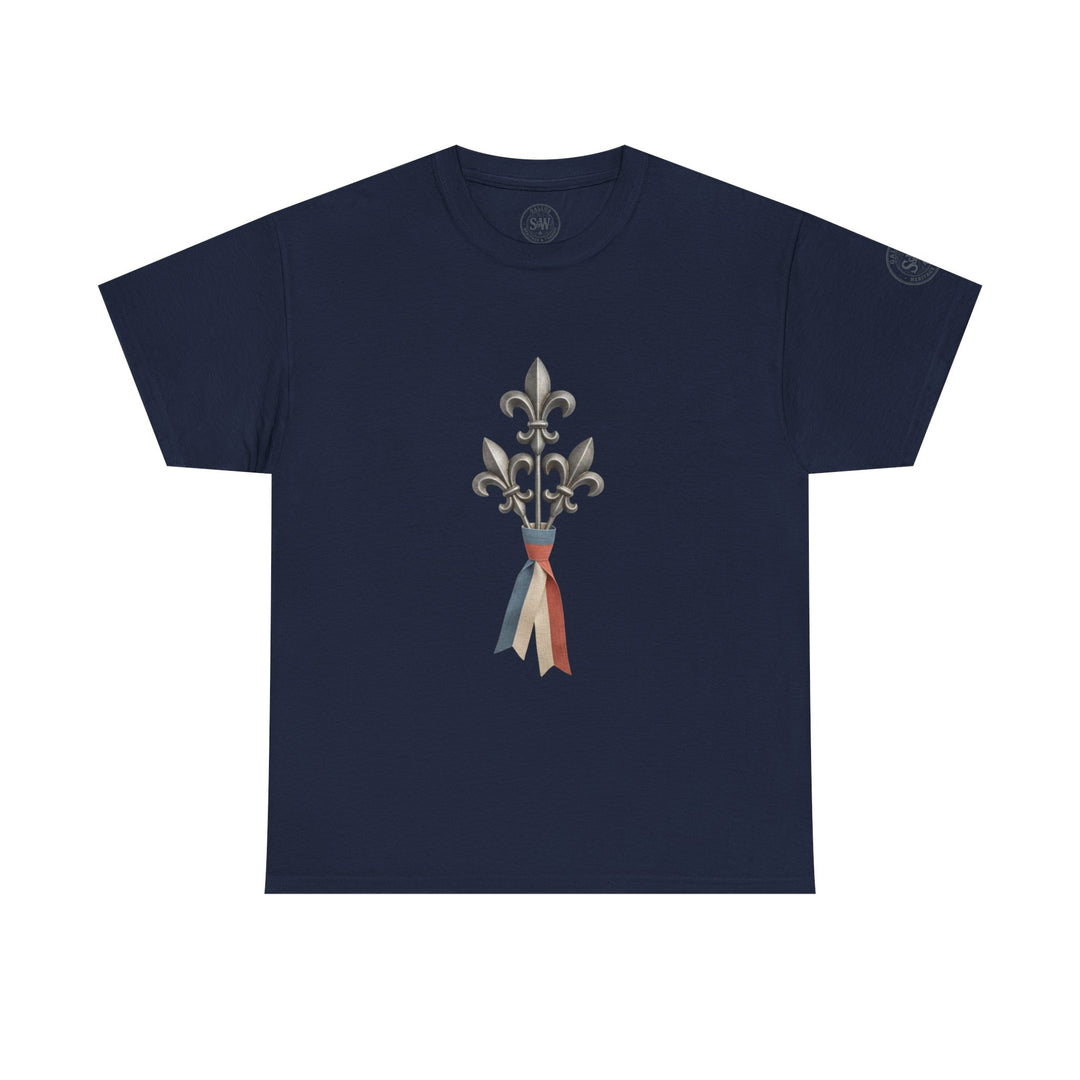 Navy t-shirt by S&amp;W Gallus, featuring a fleur-de-lis design with French flag-colored ribbons.
