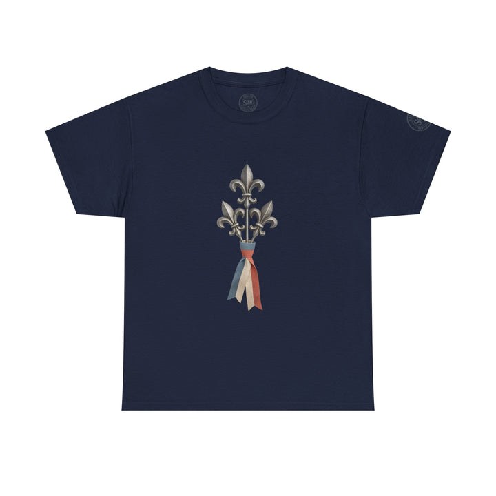 Navy t-shirt by S&amp;W Gallus, featuring a fleur-de-lis design with French flag-colored ribbons.