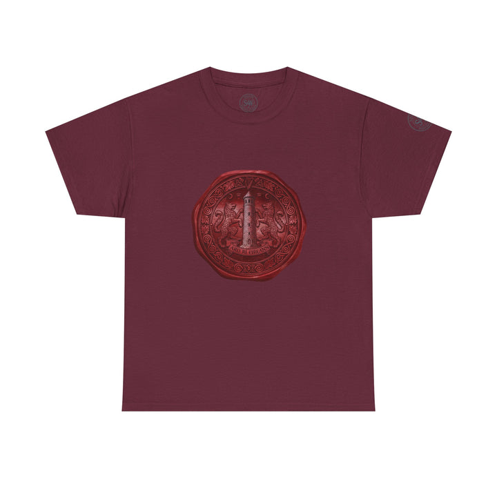 Burgundy t-shirt by S&amp;W Gallus featuring a vintage-style wax seal graphic at the center of the chest.