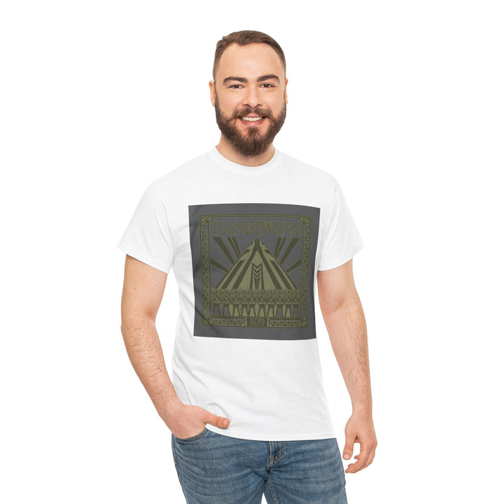 Isandlwana Festival Tee featuring bold “M” pyramid graphic. Outdoor music shirt inspired by iconic landscape vibes.