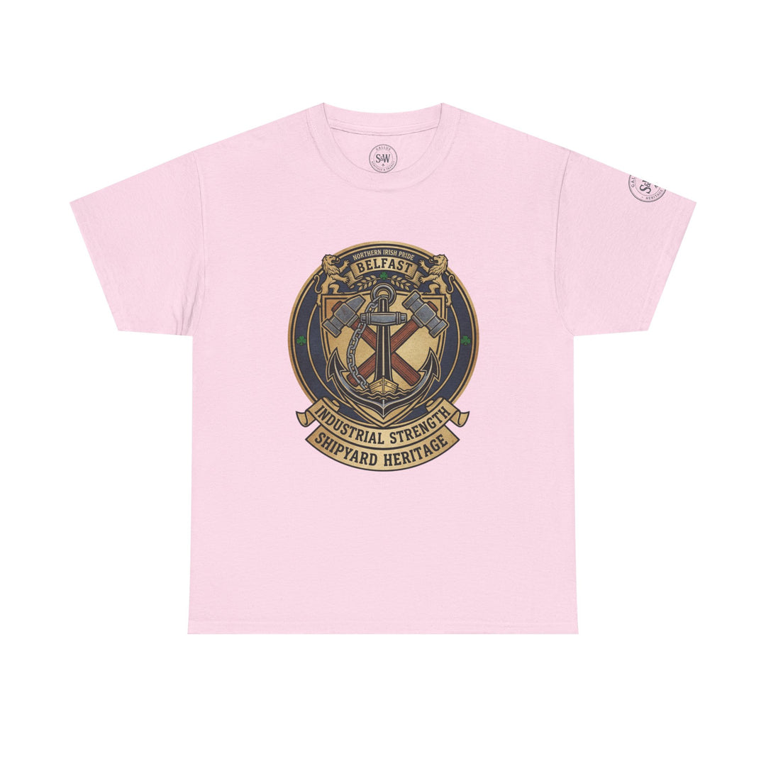 Pink Belfast Shipyard Heritage T-shirt by S&amp;W Gallus, featuring a centered emblem with anchor, hammers, and Northern Irish text.
