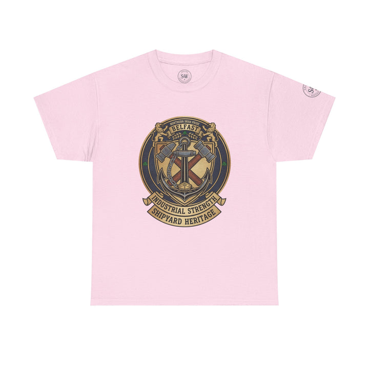 Pink Belfast Shipyard Heritage T-shirt by S&amp;W Gallus, featuring a centered emblem with anchor, hammers, and Northern Irish text.
