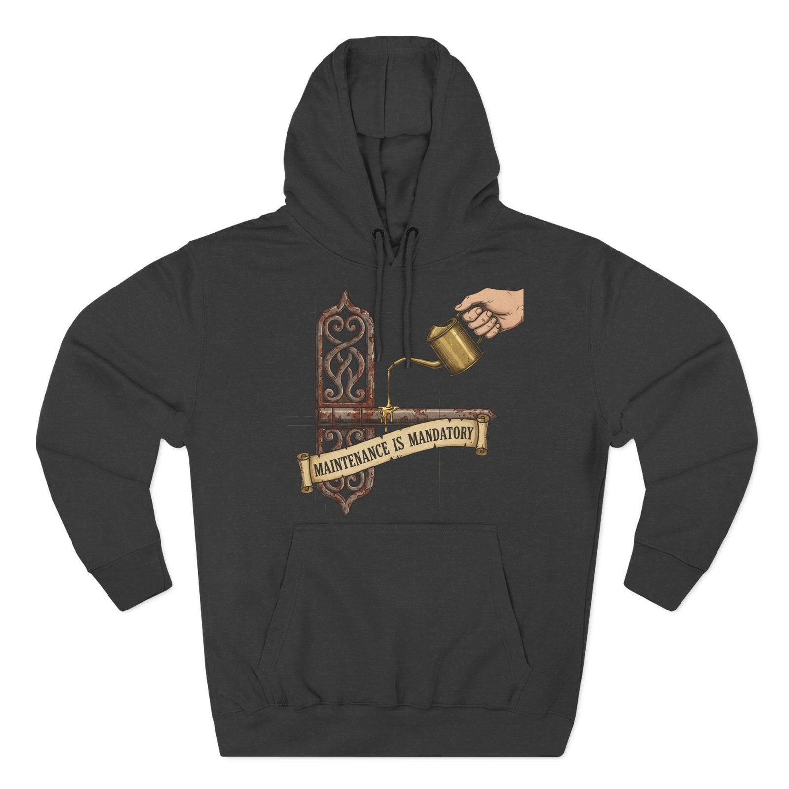Gray hoodie by S&W Gallus with a "Maintenance is Mandatory" graphic on the front.