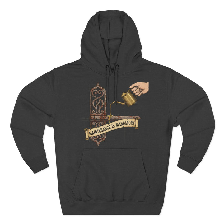 Gray hoodie by S&amp;W Gallus with a "Maintenance is Mandatory" graphic on the front.