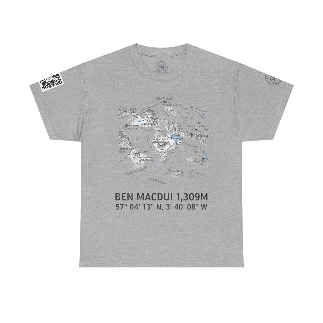 Gray t-shirt by S&amp;W Gallus, featuring a mountain map and coordinate details, plus a QR code on the sleeve.