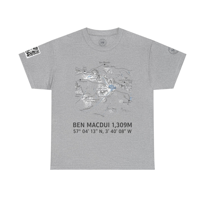 Gray t-shirt by S&amp;W Gallus, featuring a mountain map and coordinate details, plus a QR code on the sleeve.