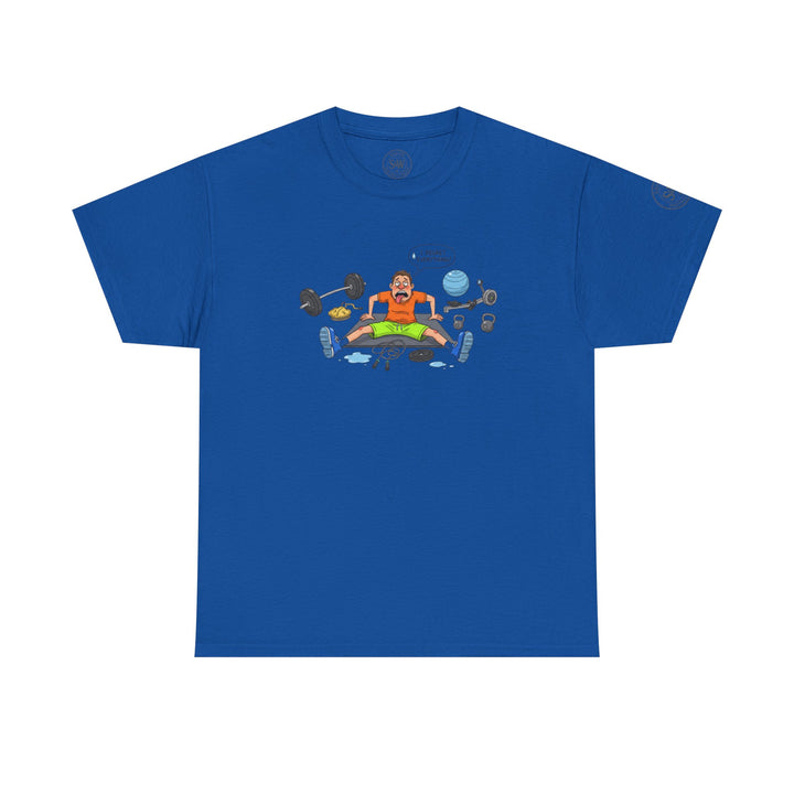 Royal blue t-shirt with a cartoon print by S&amp;W Gallus, featuring a man collapsed among gym equipment.
