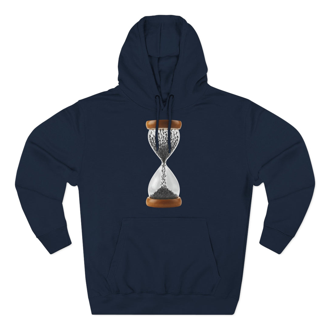 Navy hoodie by S&amp;W Gallus featuring an hourglass graphic filled with people silhouettes.