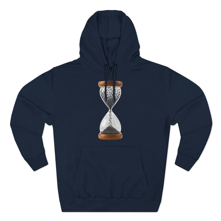 Navy hoodie by S&amp;W Gallus featuring an hourglass graphic filled with people silhouettes.