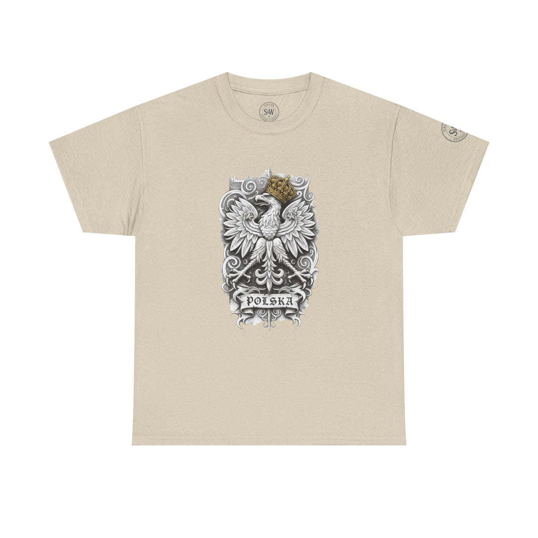 Beige Poland White Eagle T-Shirt by S&amp;W Gallus with a patriotic print and graphic detailing.