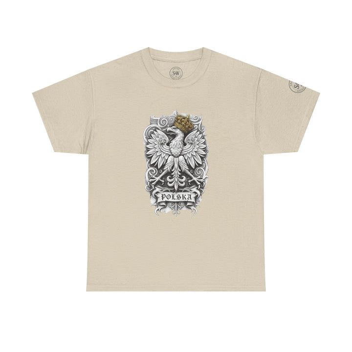 Beige Poland White Eagle T-Shirt by S&amp;W Gallus with a patriotic print and graphic detailing.