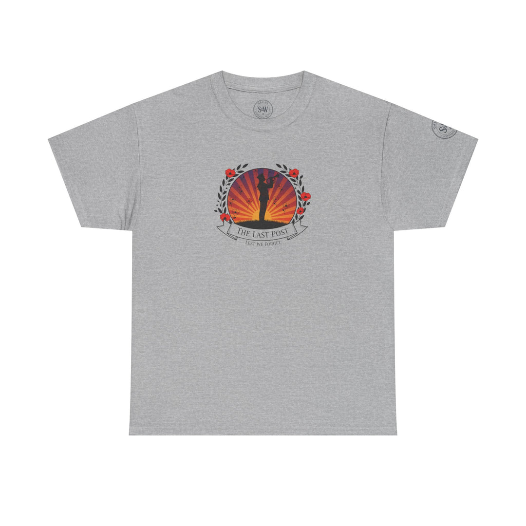Gray t-shirt by S&amp;W Gallus, featuring a remembrance themed graphic with poppies and the phrase "Lest We Forget".