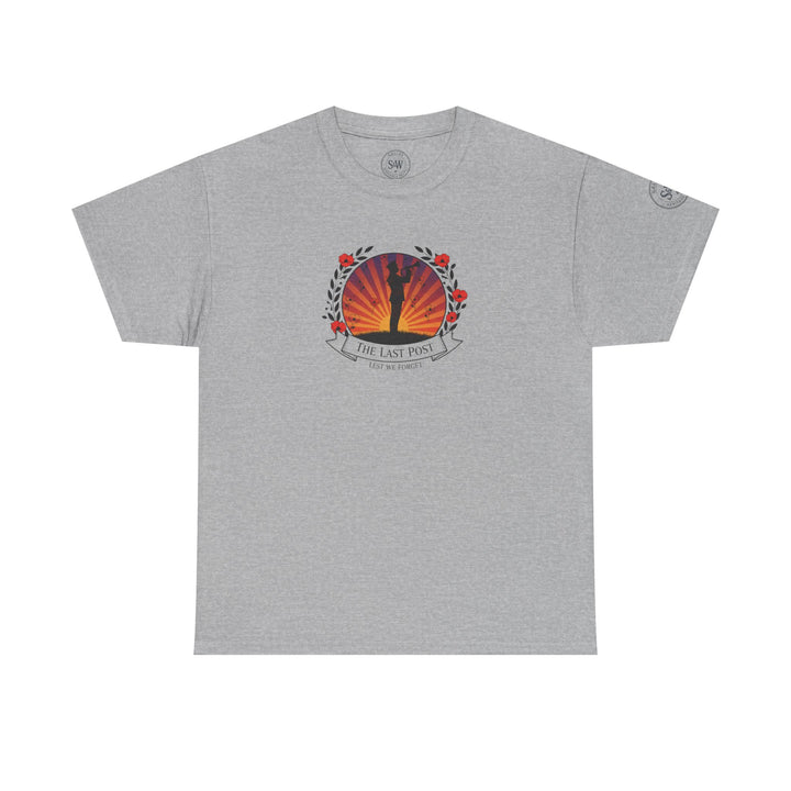 Gray t-shirt by S&amp;W Gallus, featuring a remembrance themed graphic with poppies and the phrase "Lest We Forget".