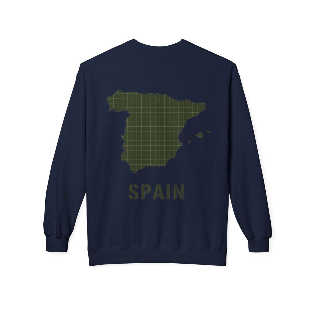 Spain Map Crewneck Sweatshirt — Military Green Grid Spain Graphic