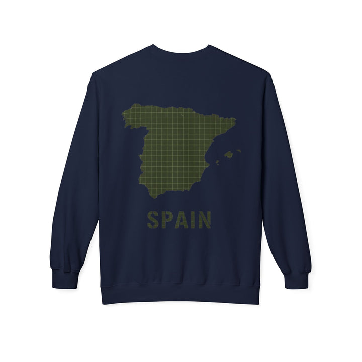 Spain Map Crewneck Sweatshirt — Military Green Grid Spain Graphic