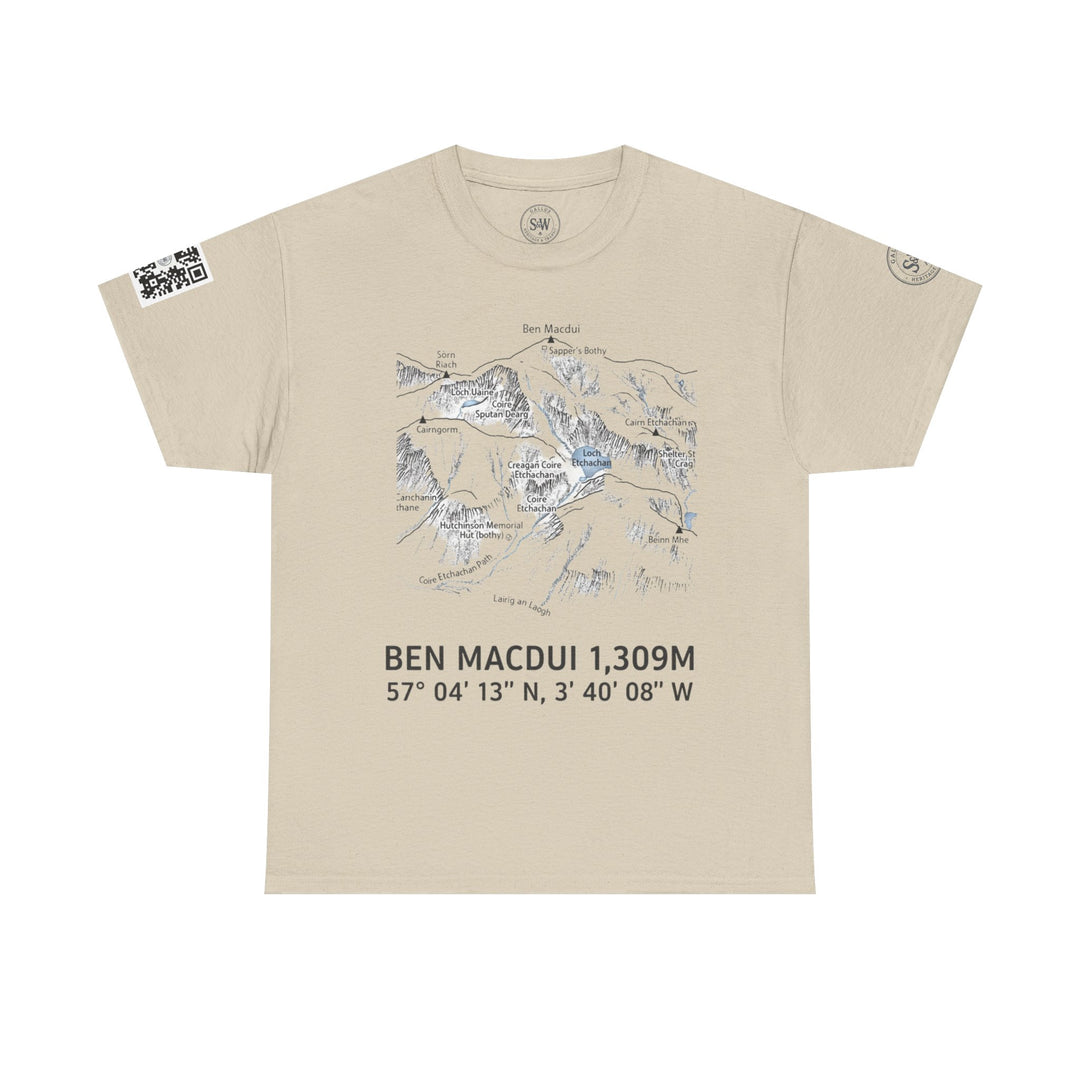 Beige t-shirt by S&amp;W Gallus, featuring a detailed Ben Macdui map and coordinates, plus a QR code on the sleeve.
