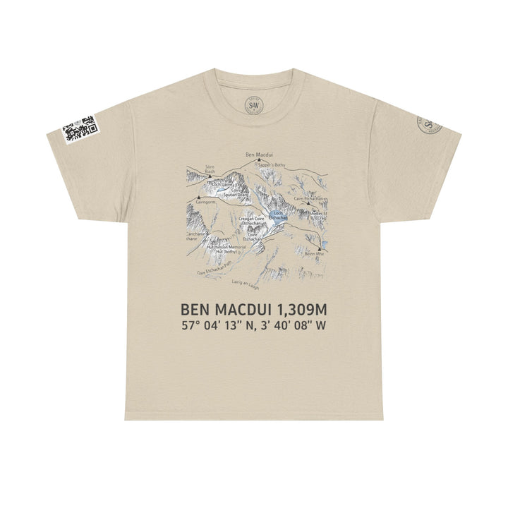 Beige t-shirt by S&amp;W Gallus, featuring a detailed Ben Macdui map and coordinates, plus a QR code on the sleeve.
