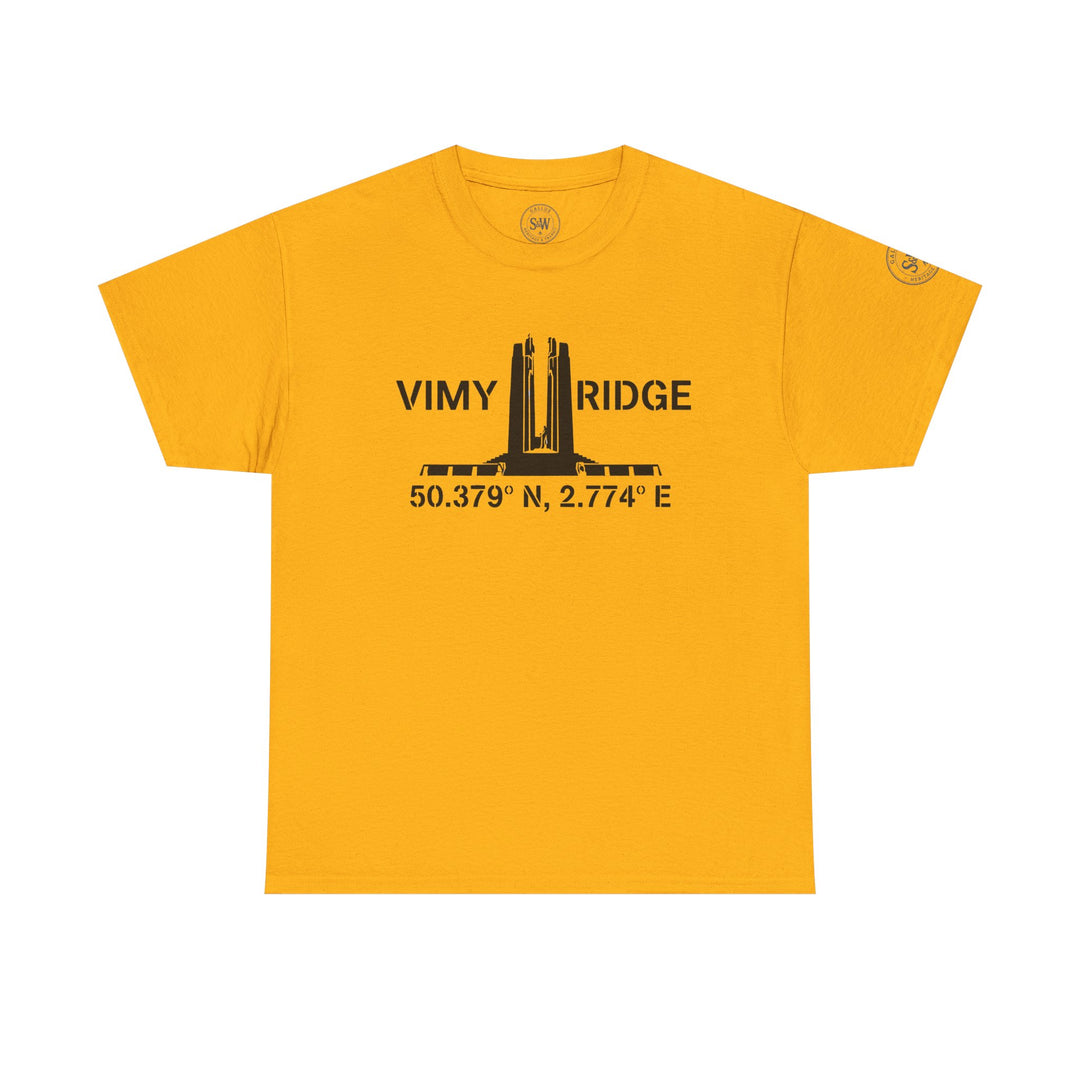 Mustard yellow t-shirt by S&amp;W Gallus, featuring a black graphic of the Vimy Ridge Memorial and coordinates.
