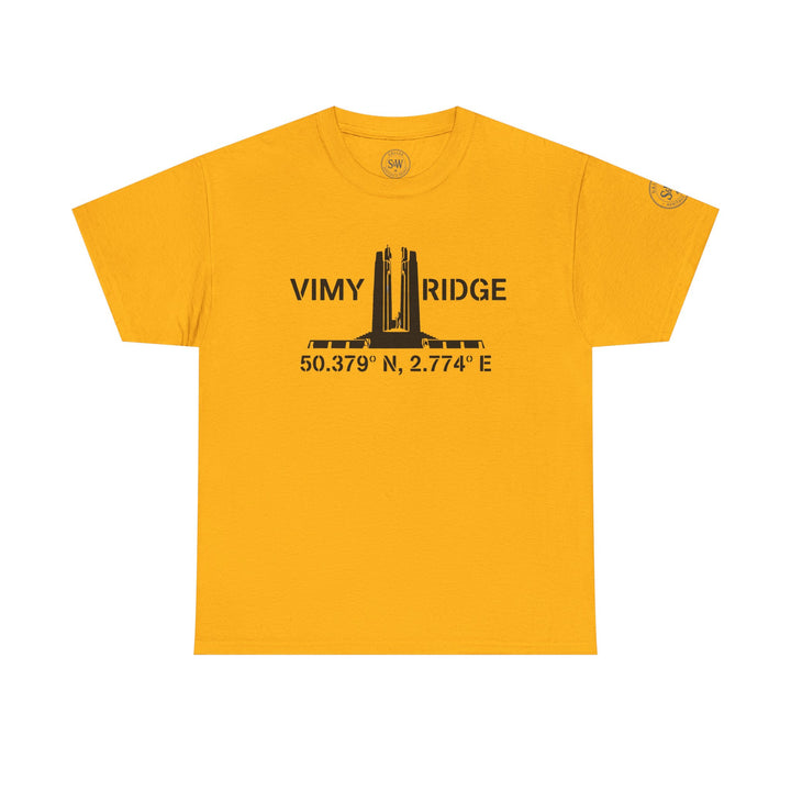 Mustard yellow t-shirt by S&amp;W Gallus, featuring a black graphic of the Vimy Ridge Memorial and coordinates.
