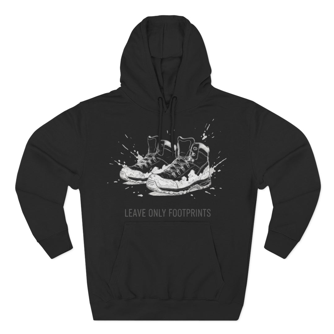 Black hoodie by S&amp;W Gallus, featuring a graphic of hiking boots and the phrase "Leave Only Footprints."