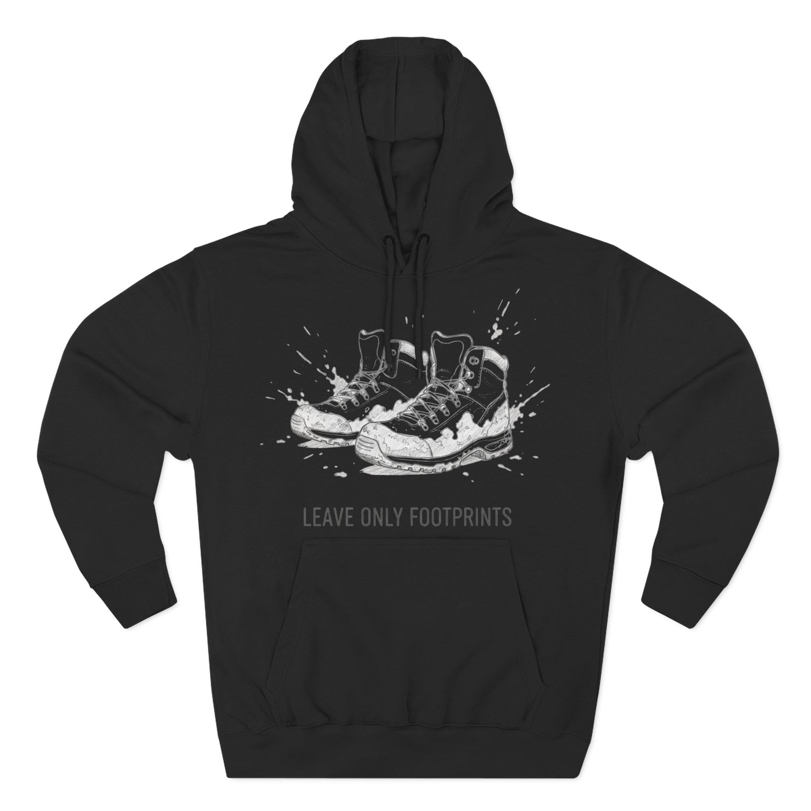 Black hoodie by S&W Gallus, featuring a graphic of hiking boots and the phrase "Leave Only Footprints."