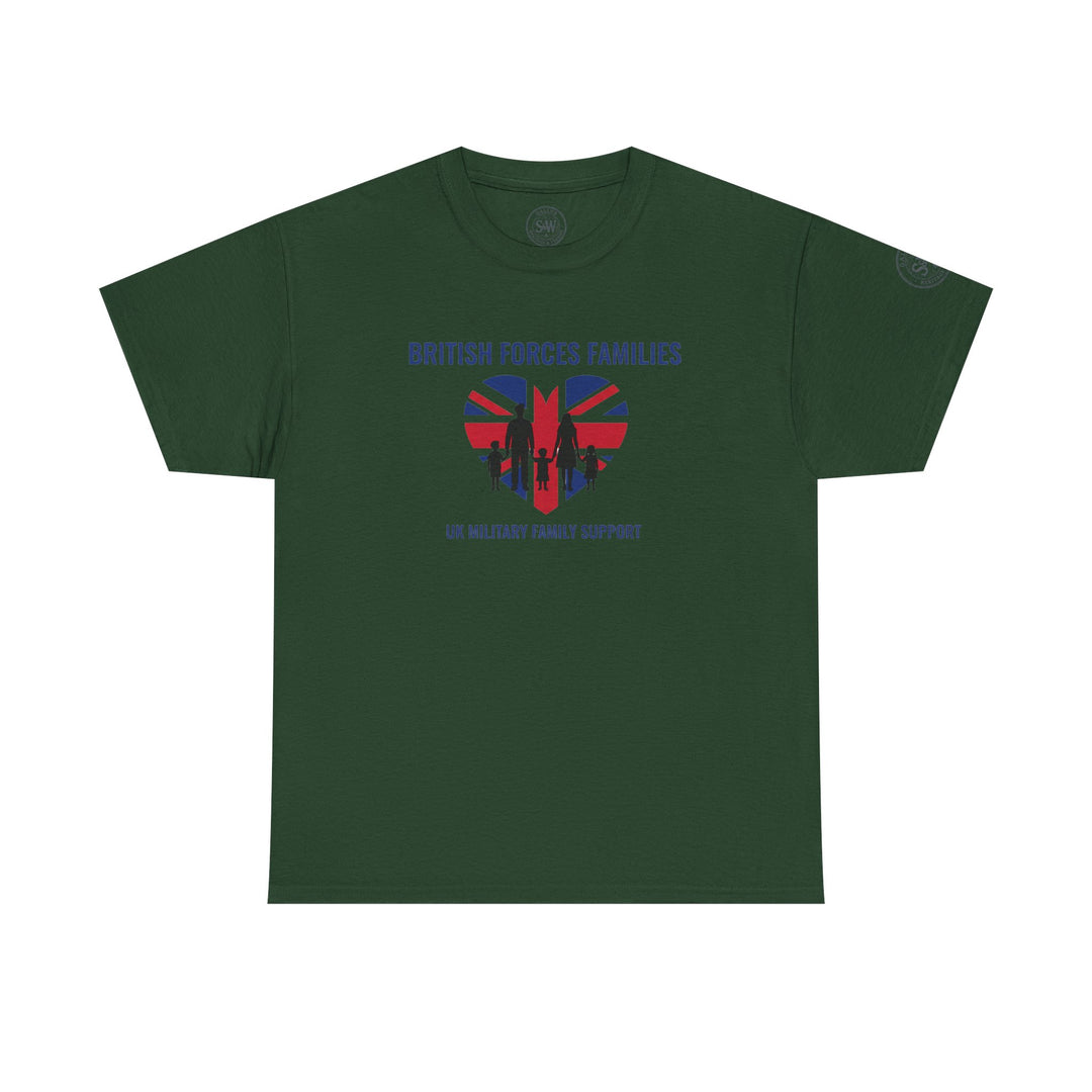 Forest green t-shirt by S&amp;W Gallus with a Union Jack heart graphic and military family support text.