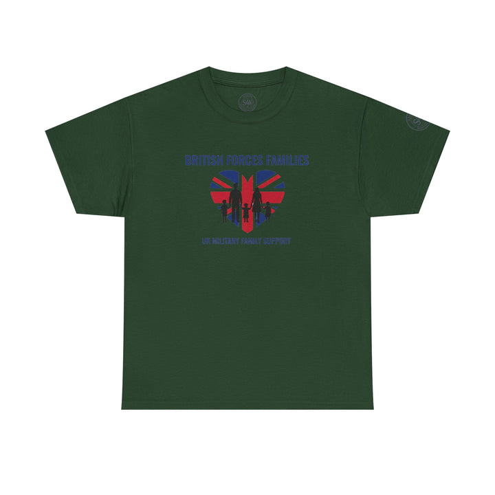 Forest green t-shirt by S&amp;W Gallus with a Union Jack heart graphic and military family support text.