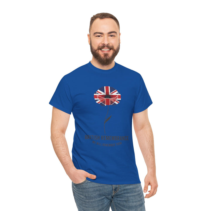 Blue t-shirt by S&amp;W Gallus with a British remembrance poppy design on the chest, worn with jeans.