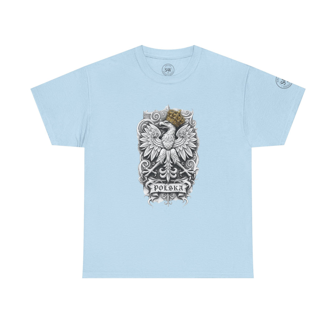 Light blue t-shirt by S&amp;W Gallus, featuring a white eagle with a gold crown and "POLSKA" banner.