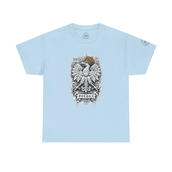 Light blue t-shirt by S&amp;W Gallus, featuring a white eagle with a gold crown and "POLSKA" banner.