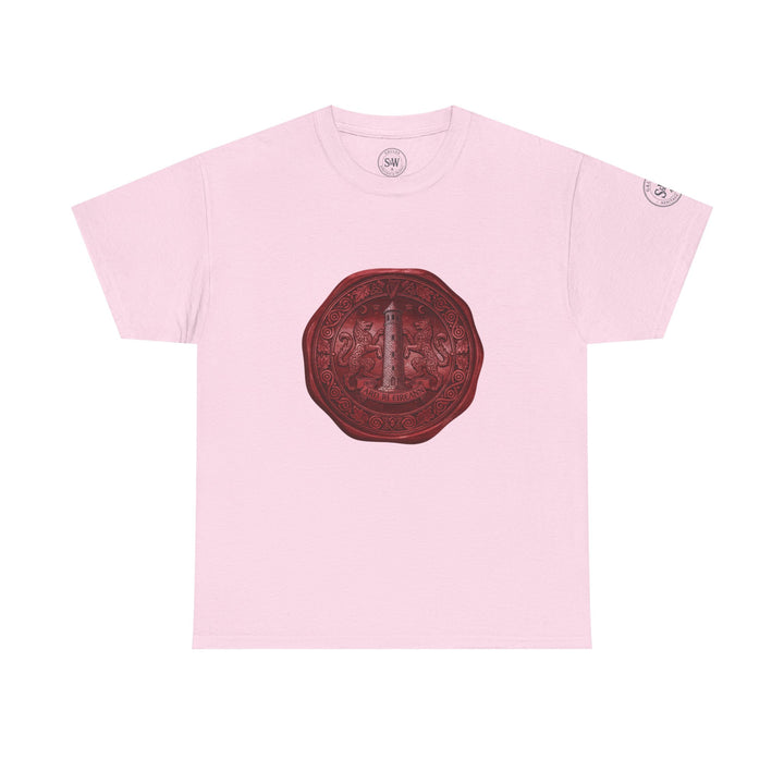 Pink t-shirt by S&amp;W Gallus featuring a decorative wax seal design on the front.
