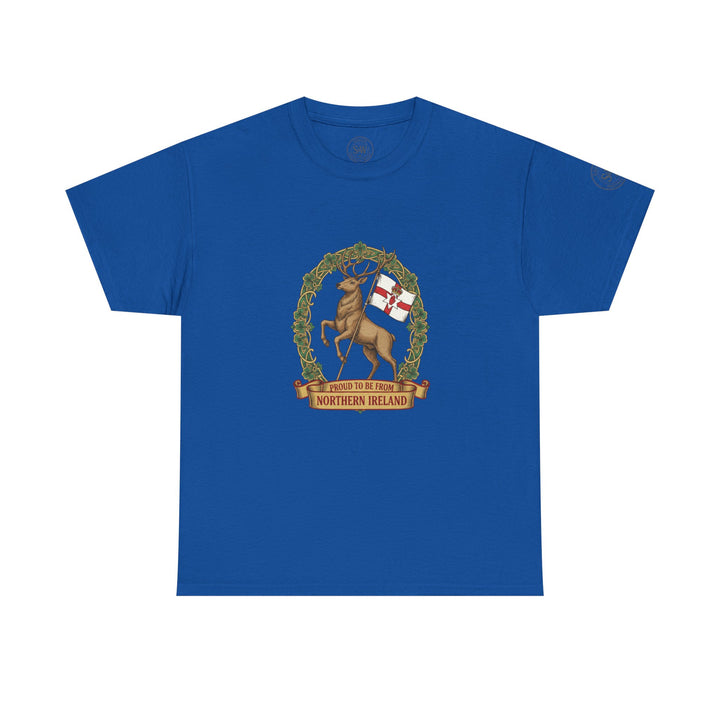 Blue Northern Ireland Stag T-shirt by S&amp;W Gallus featuring a flag-bearing stag crest on the chest.