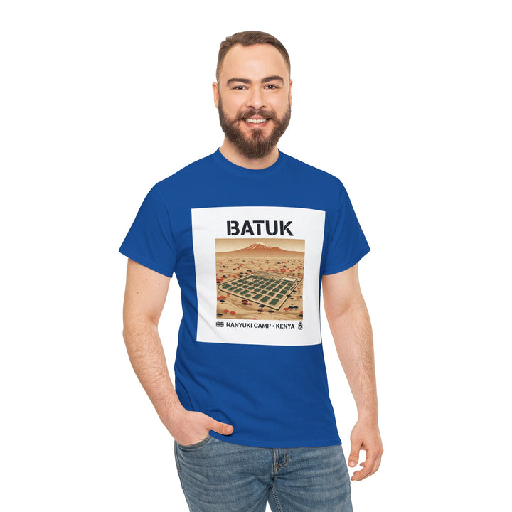 Blue graphic T-shirt by S&amp;W Gallus with a Nanyuki Camp desert travel print on a white background.