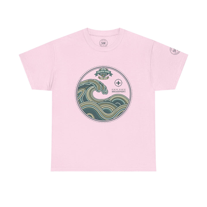Light pink Wave Crest surf T-shirt by S&amp;W Gallus, featuring a wave graphic with nautical coordinates in a circle.