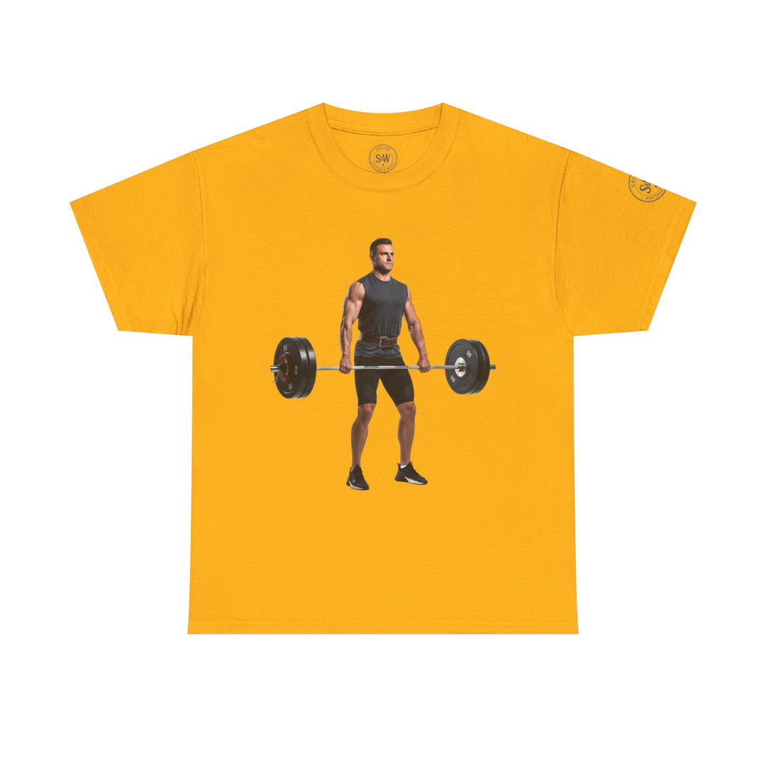 Yellow graphic tee by S&amp;W Gallus with a weightlifter design on the front.
