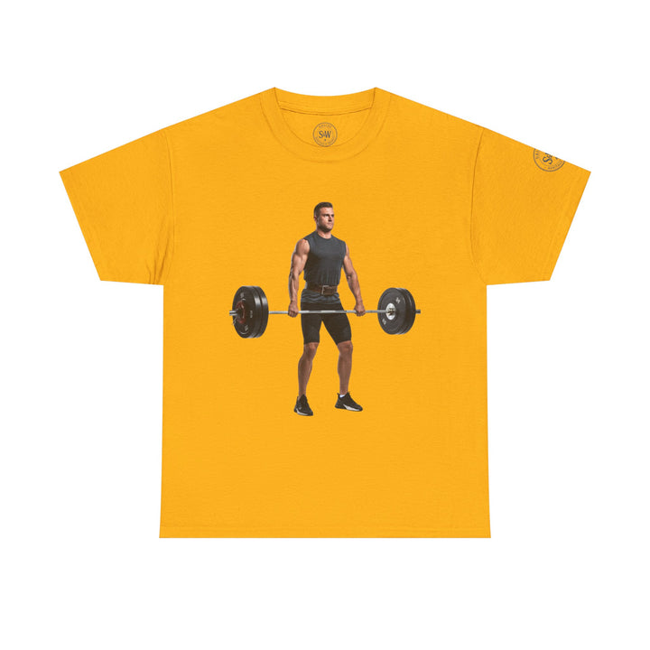 Yellow graphic tee by S&amp;W Gallus with a weightlifter design on the front.