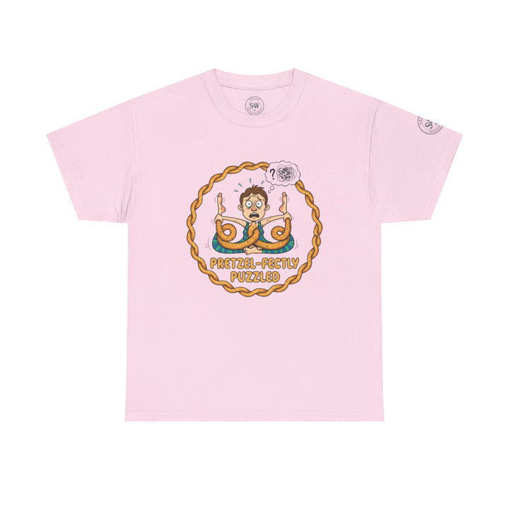 Pink t-shirt by S&amp;W Gallus featuring a pretzel-yoga design with a confused person and the phrase "Pretzel-fectly Puzzled".
