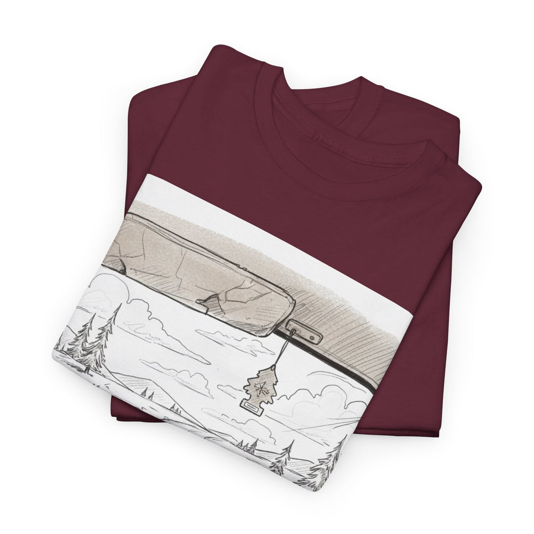 Scenic Drive Van Illustration Tee – soft cotton with a detailed van and landscape design. Perfect for road trips, outdoor adventures, and casual wear.