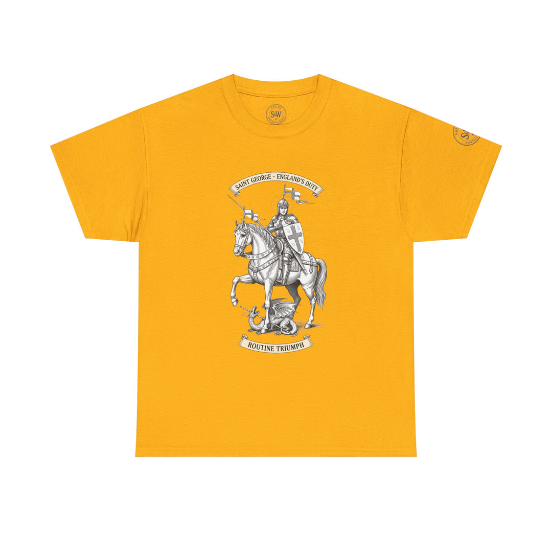 Mustard tee shirt by S&amp;W Gallus featuring a Saint George and the Dragon graphic with decorative text.
