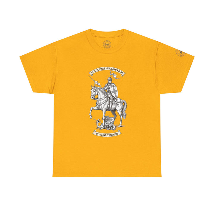 Mustard tee shirt by S&amp;W Gallus featuring a Saint George and the Dragon graphic with decorative text.
